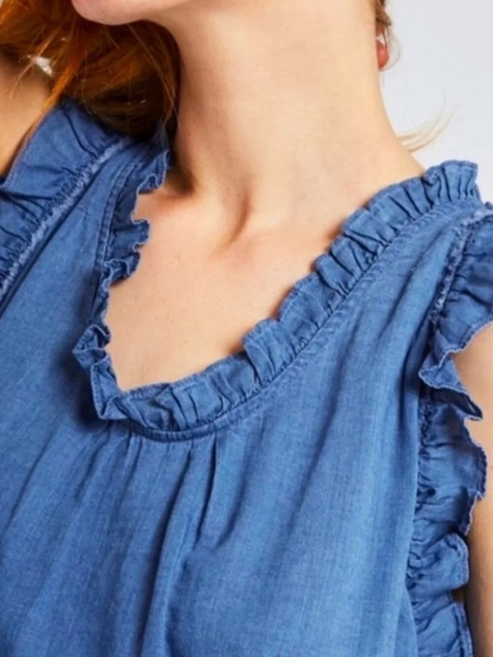 AG New DRESS Cotton Ruffled Shift Lightweight Chambray Blue DIXIE Women's M